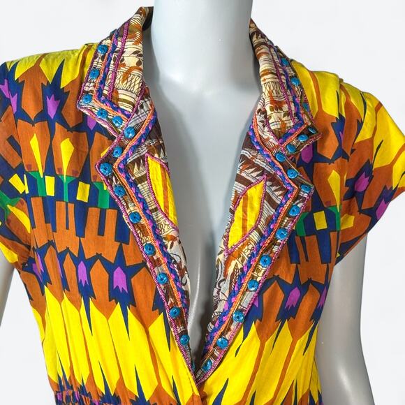 VTG 100% Cotton Geometric Artsy Boho Midi Dress Women's Large Beaded Resortwear - Picture 6 of 12